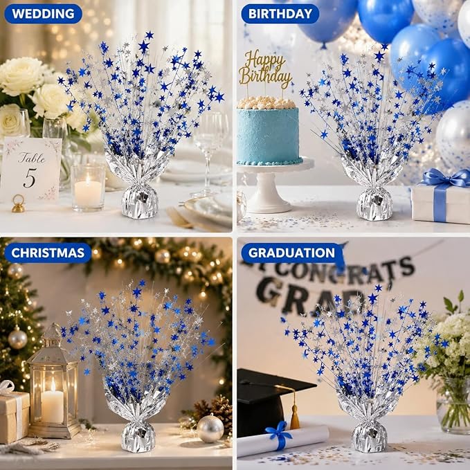 4 Pack Metallic Foil Spray Centerpiece Stars for Wedding, Birthday, Anniversary, Christmas Table Decor, Holiday Festival Baby Shower Graduation Mantle Party Decorations (Silver&Blue)