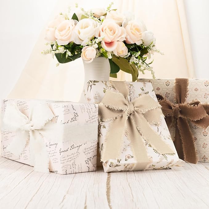 Brown Cotton Ribbon 1 Inch Chocolate Brown, Camel & Ivory 3 Rolls 21 Yards Frayed Edge Fabric Set for Rustic Wedding Decor, Boho Vintage Fall Decor, Thanksgiving, Gift Wrapping & DIY Crafts