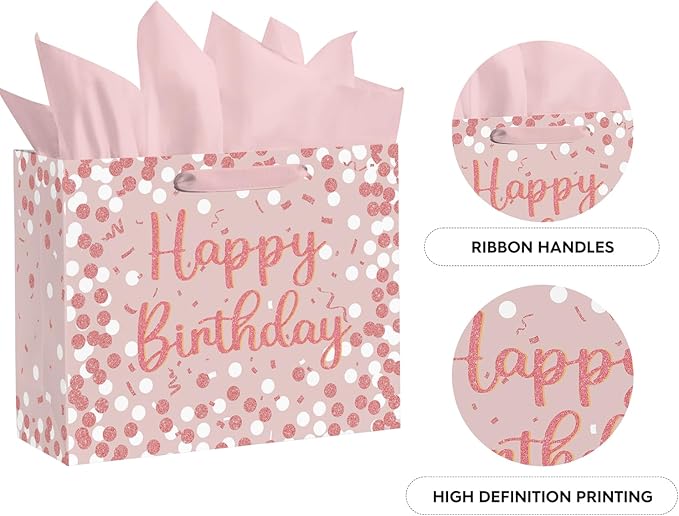 Horaldaily Large Birthday Gift Paper Bags with Tissue Paper and Card (1Pcs,Pink)