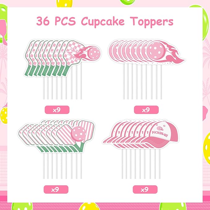 Cheereveal 36 Pieces Pink Pickleball Cupcake Toppers for Girls Women, Pickleball Rackets Cupcake Picks, Retirement Sports Themed Birthday Baby Shower Party Decoration Supplies