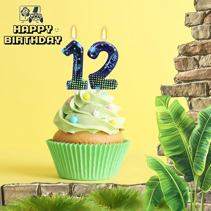 STG Birthday Candles for Boys - Number 12 Candle for Video Game Birthday Cake Topper, Fort Battle Level Up Game Themed Birthday Party Supplies