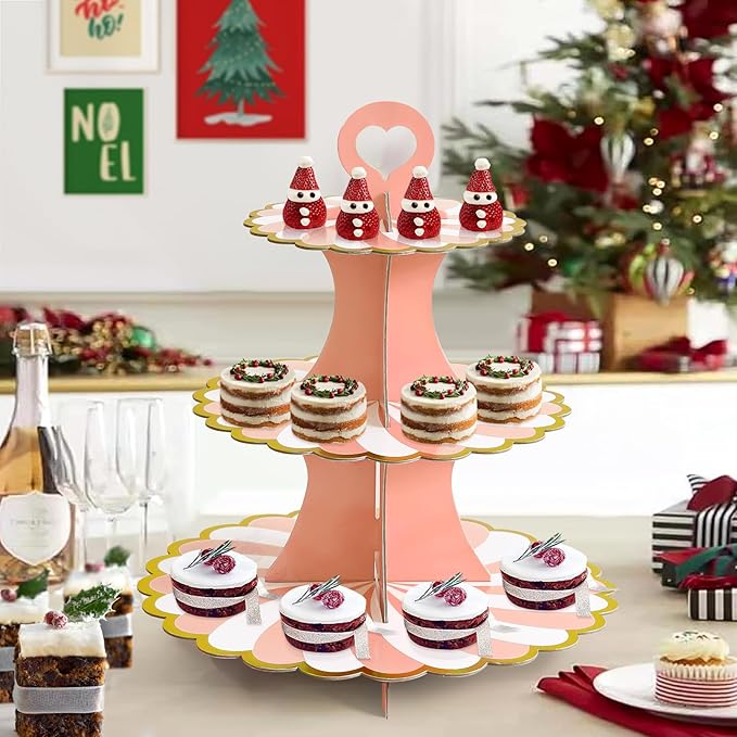 Soleebee 3-Tier Cupcake Stand, Cardboard Cupcake Tower, Dessert Cup Cake Stand Tower for Birthday Wedding Party Decoration, Cupcake Tier Stand 1 Set (Pink Gold)