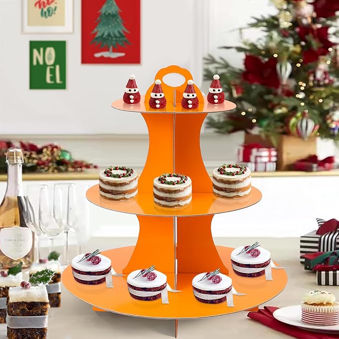 Soleebee 3-Tier Round Cupcake Stand, Cardboard Cupcake Tower, Dessert Cup Cake Stand Tower for Birthday Wedding Party Decoration, Cupcake Tier Stand 1 Set (Orange)