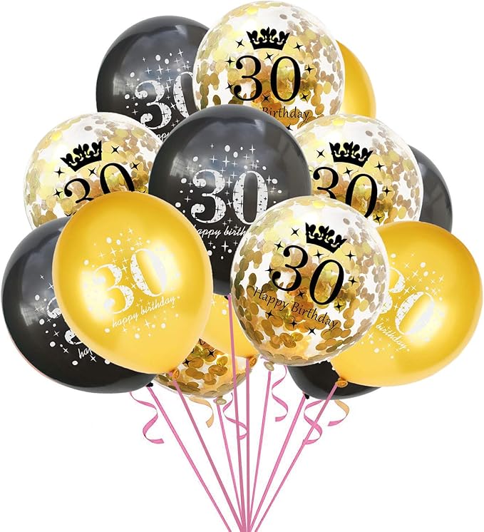 SHUNTAI 30th birthday balloons for Him Her Gold and Black 30th Birthday Decorations Latex Gold Confetti Balloon 30 Years Old Anniversary Theme Happy Birthday Party Supplies 15 Pack 12 inch