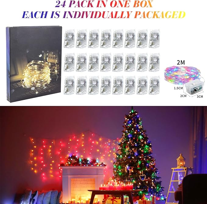 24 Pack Fairy Lights Battery Operated, 7FT 20 Mini LED Fairy Lights Silver Wire Twinkle Lights for DIY, Parties, Wedding, Bedroom, Christmas Decoration (Multi-Colored)