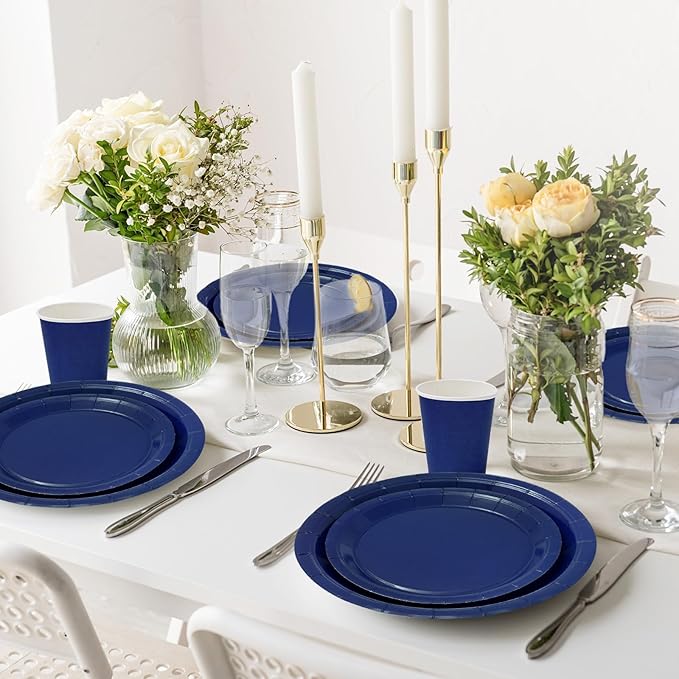 Whaline 100Pcs Navy Blue Tableware Set Wedding Disposable Dinnerware Set Paper Plates Napkins and Cups for 25 Guests Wedding Birthday Bride Shower Party Supplies Table Decorations