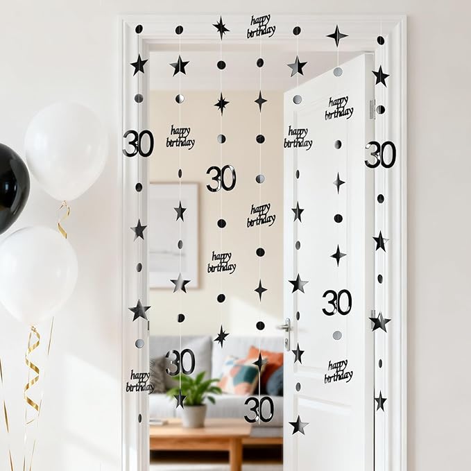 GCQQ Black 30th Birthday Decorations - 46FT Happy 30 Circle Dot Birthday Star Garlands 4Packs Dirty 30 Year Old Paper Hanging Streamer Banner Backdrop for Men Women Anniversary Party Decor