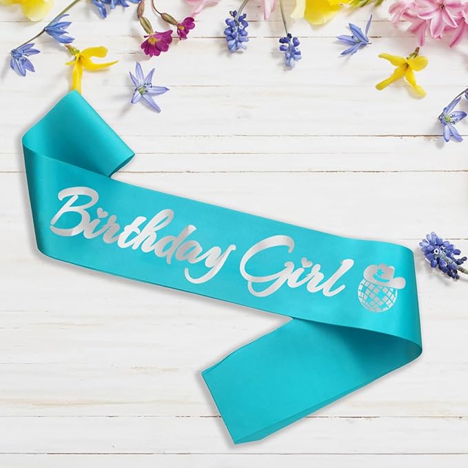 Birthday Girl Sash, Disco Cow Birthday Sash for Cowgirl Funny Birthday Gift Ideas Suppiles, Teal Blue+ Silver Foil