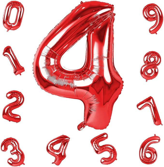 40 Inch Red Foil Balloon Number 4, Giant Self Inflating Number Balloons 0-9 for Men Women, Digital 4 Helium Balloons Set for Girls Boys 4th Birthday Anniversary Party Decorations Supplies