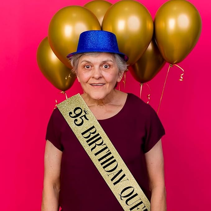 95 Birthday Queen 95th Birthday Sash for Women, Gold Glitter Sash with Black Foil