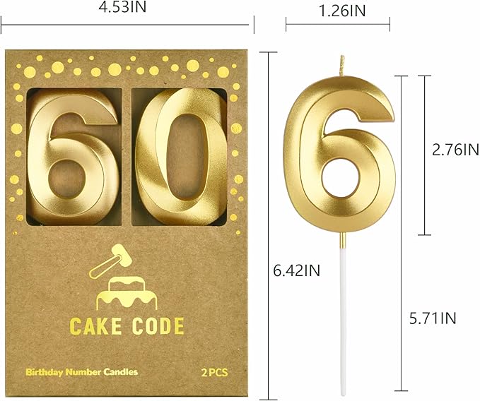 2.76 Inch Diamond Gold 60 Number Birthday Candles, Gold Number Candles, Cake Number Candles, Party Celebration