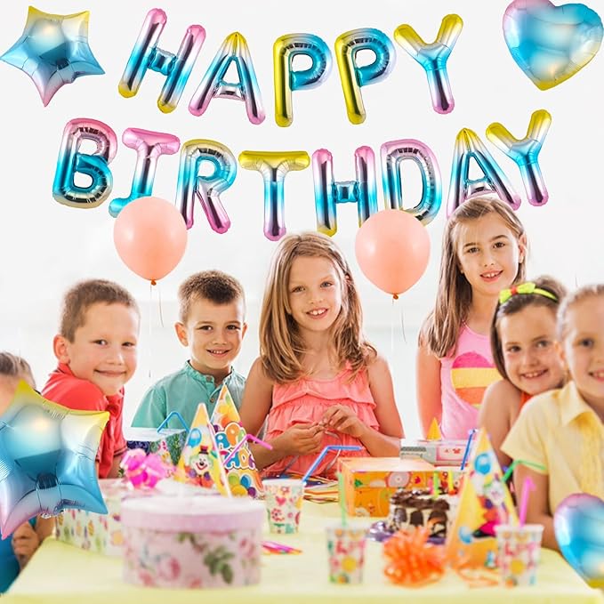 CANREVEL Happy Birthday Banner 13pcs 16 Inch Mylar Foil Letters with 6pcs Star & Heart Balloons Birthday Party Decorations for Kids and Adults - 3D Gradient