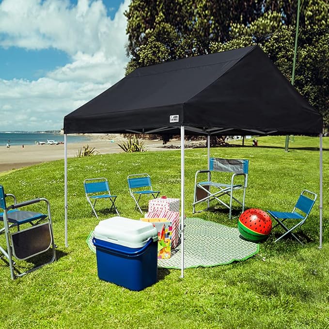 Eurmax USA Patented 10x10 Pop Up Canopy Tent Party Tent Commercial Instant Canopies Shelter with Heavy Duty Roller Bag,Bonus 4 Sand Bags (Dark Black)