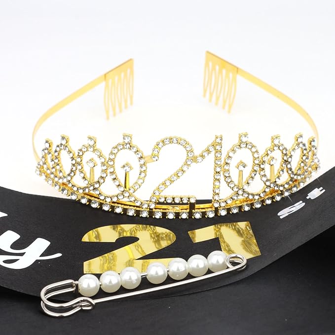 CAVETEE Gold Birthday Crown and Tiara for Women, Sash for Girls - Birthday Party Decoration
