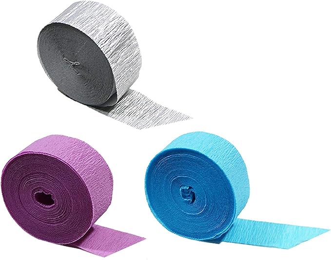 Turquoise, Pink-Purple, Metallic Silver Crepe Paper Streamers, 435 Feet Total, Made in USA