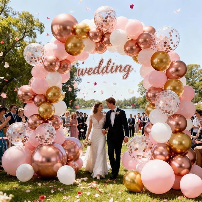 Rose Gold Balloons, 50pcs 12inch White Rose Gold Confetti Latex Balloon and Rose Metallic Balloons with Rose Gold Ribbons for Birthday Party Wedding Bridal Shower Decorations