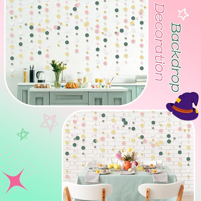 Outus 10 Pieces Colorful Circle Garland Banner Hanging Paper Dot Decorations for Classroom, Birthday Party, Baby Shower, Wedding Backdrop & Photo Booth Graduation Decor (Sage Green,Pink,Gold)