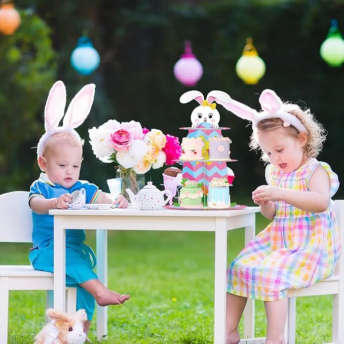 Zopeal 3 Tier Happy Easter Cupcake Stand Party Decorations Bunny Cupcake Holder Colorful Eggs Cake Holder Dessert Stand for Easter Party Supplies Birthday Baby Shower Decorations