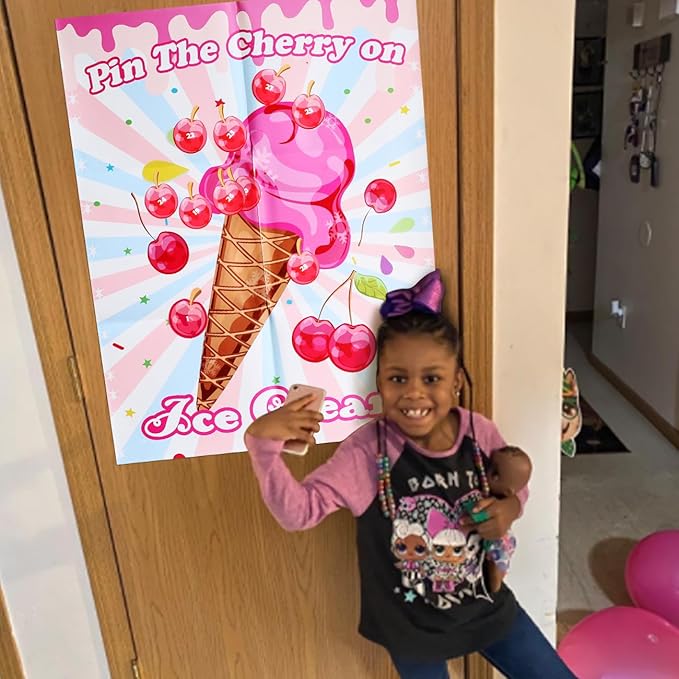 PARTYLOUD Ice Cream Party Games, Pin The Cherry on The Ice Cream, Ice Cream Birthday Party Games Decoration Classroom Toddlers Preschool Party Supplies for Boys Girls Adults