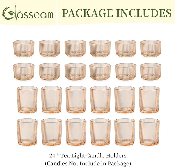Glasseam Gold Votive Candle Holders: 24 Pcs Ribbed Glass Tealight Candle Holder Set Tea Light Holders Bulk Wedding Decorations for Reception Modern Party Decor Centerpiece