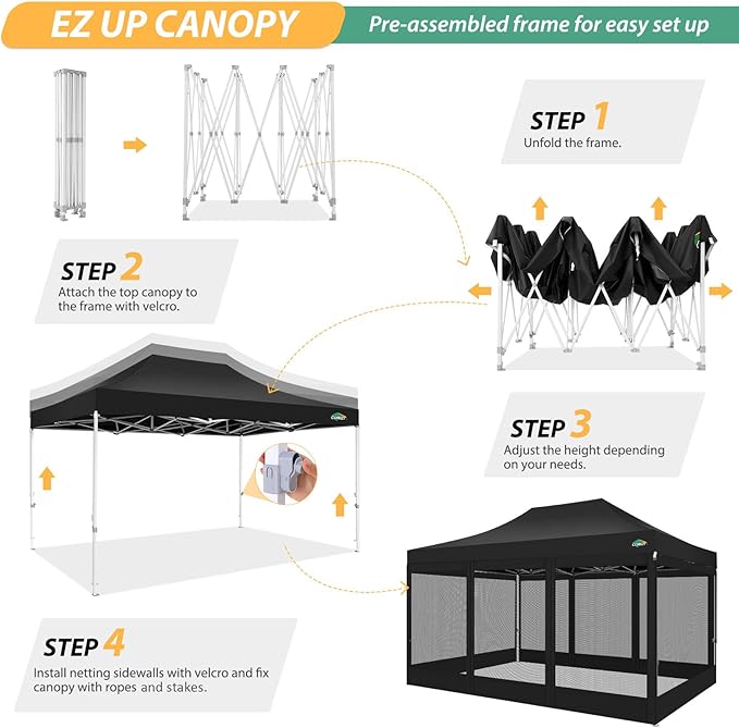 COBIZI 10x15 Canopy Tent with 4 Sidewalls,Heavy Duty Pop up Canopy with Mosquito Netting,Easy up Screen Tent for Parties Wedding Patio with Handbag,Black