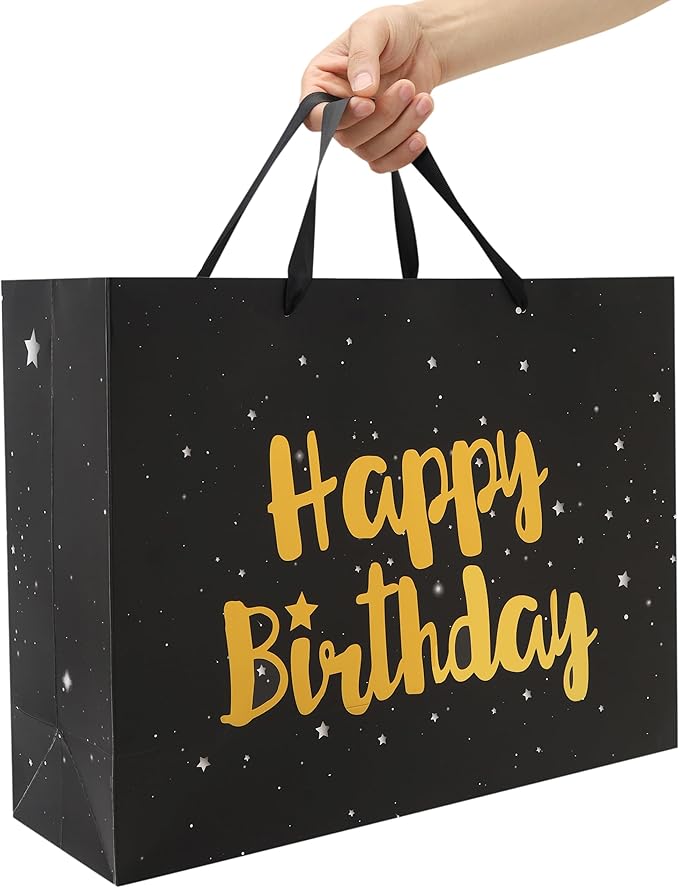 Qirrmiy 16.5'' Extra Large Black Happy Birthday Gift Bag Set with Handles, Greeting Card, Tissue Papers and Stickers for Men Boys Kids, Stars Design, 1 Pcs.