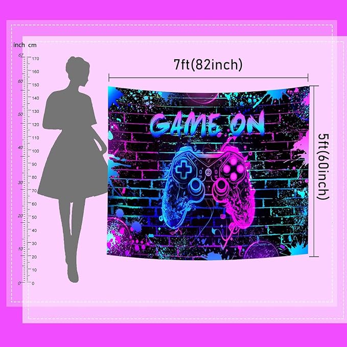 Mocsicka Game On Backdrop Video Game for Boys Level Up Birthday Party Decoration Purple Game Night Arcade Neon Glow Gamer Banner Photography Background (Purple, 8x6ft(96"x72"))
