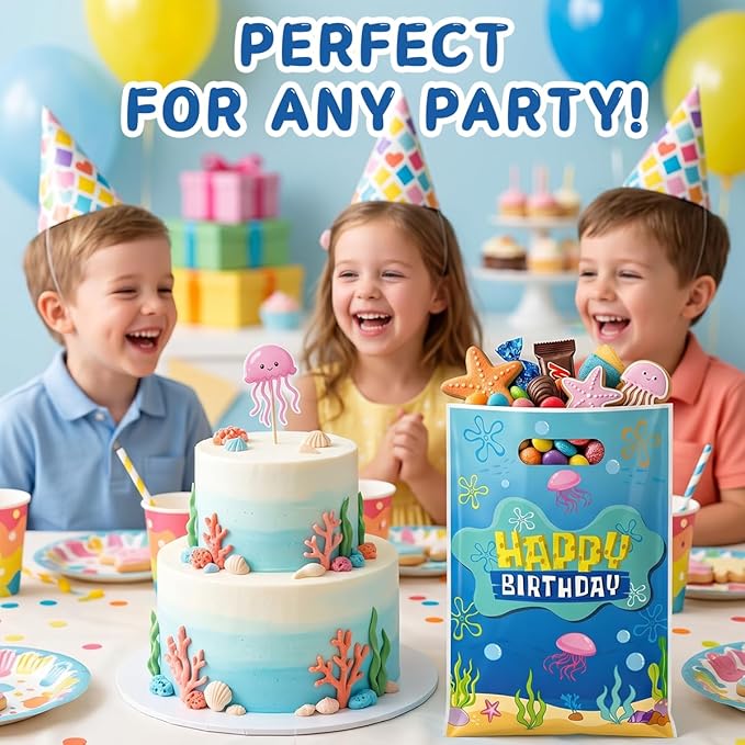 Zeroom Sponge Birthday Party Favor Bags with Handles, 30 Pcs Ocean Theme Birthday Decorations Goodie Goody Bags, Candy Treat Gift Loot Bags for Kids Party Supplies