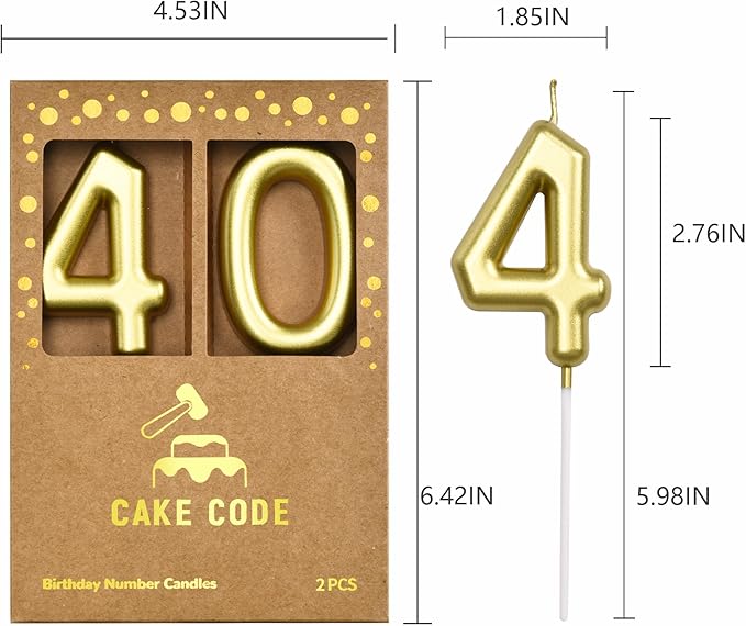 2.76 Inch Classical Gold 40 Number Birthday Candles, Gold Number Candles, Cake Number Candles, Party Celebration