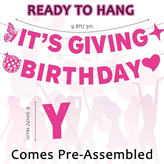 Pre-Strung Pink Birthday Decorations - Girls Women's 10PCS It's Giving Banner Hanging Swirls Decorations Supplies Cheers to Girl's Party