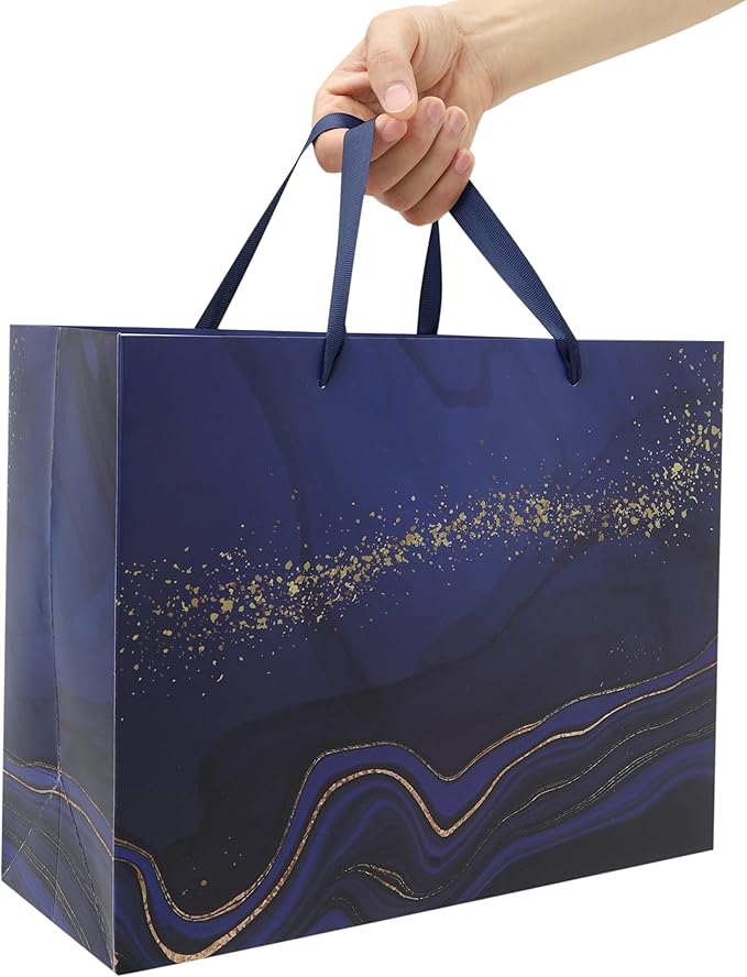 13'' Large Blue Marble Gift Bag Set with Handles, Greeting Card, Tissue Papers and Stickers for Men Boys Kids for Birthdays, Fathers Day, Graduations, Christmas, Baby Showers, Marble Design, 1 Pcs