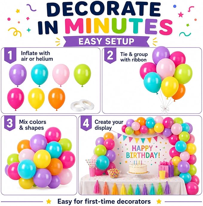 Colorful Balloons, 60Pcs Rainbow Balloon, 12 Inch Latex Multicolor Balloons Bright Color Yellow Orange Hot Pink Teal Blue Green for Kids Birthday Baby Shower Summer Pool Hawaii Theme Party Decoration