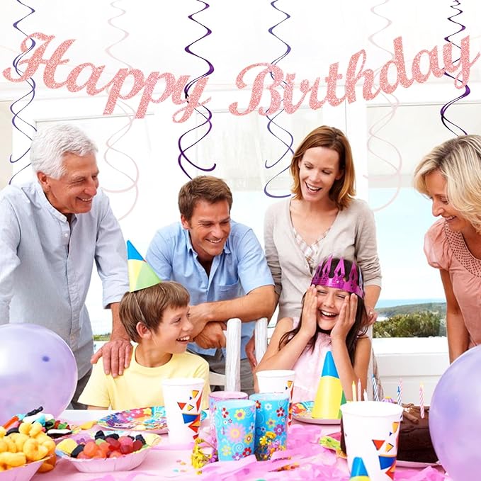 Purple Lilac-Lavender Pink Women Birthday Party-Decorations - 21pcs Happy Banner,Paper Lanterns Honeycomb,Tissue Pom Poms Flower Fan,Classroom Hanging Streamers Garland,Girls Decor Supplies Huglony
