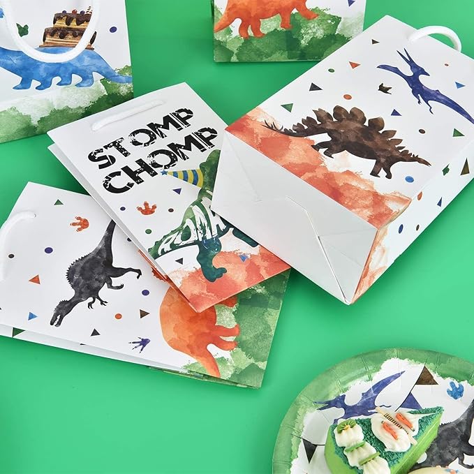 WERNNSAI Watercolor Dinosaur Party Favor Bags - 16 Pack Dinosaur Birthday Party Goodies Bag for Boys Kids Dino Birthday Favors Dino Candy Treat Bag with Handle for Baby Shower Celebration Supply