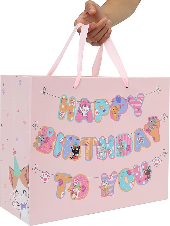 wishinside 13” Large Cat Happy Birthday Gift Bag Set with Handles, Greeting Card, Pink Tissue Papers and Stickers for Girls Kids Teens Women, Kitty-themed Banner Design, 1 Pcs