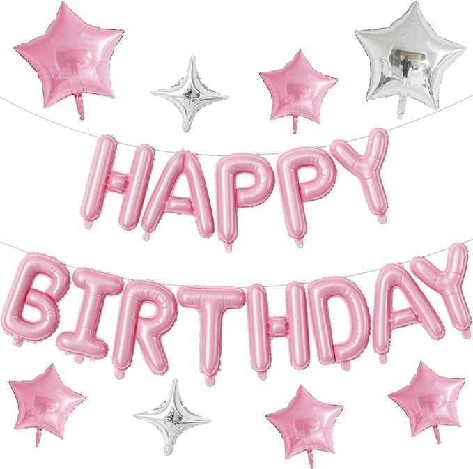 Happy Birthday Balloon Banner, 16 Inch Light Pink Mylar Foil Letter Balloons, Reusable Birthday Decorations with Pastel Pink and Silver Star Balloon, Inflatable Party Supplies for Women Girls Decor