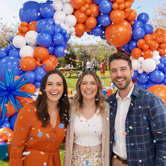 Blue and Orange White Balloon Arch Kit, 145Pcs Royal Blue Orange WhiteBalloon Garland kit, Different Size Balloons for Girl Birthday Anniversary Baby Shower Graduation Prom Party Decorations