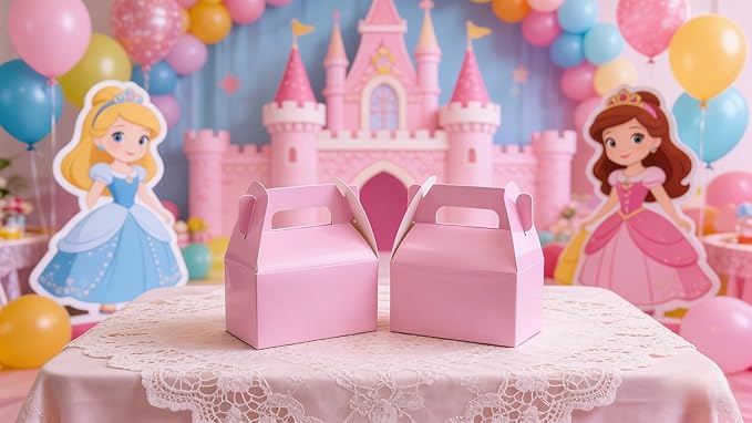 XAGLVV 24 Pack Pink Paper Gable Boxes,6.2 Inch Candy Boxes with Handle, Snack Party Favor& Gift Cookie bags for kids Birthday,Wedding, Baby Shower, Graduation.