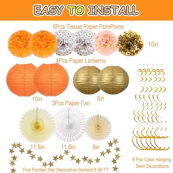 20Pcs Birthday Decorations Paper Fans Lanterns,Fall Party Decorations Pom Poms Flowers,Orange Champagne Gold Bohemian Style Party Decoration for Autumn Girls Women Baby Shower Wedding Thanksgiving