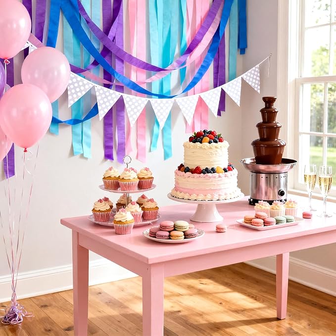 Blue Pink Crepe Paper Streamer 8 Rolls 32ft Cartoon Birthday Party Supplies Purple Backdrop Baby Shower Wedding Decorations(1.77inx32ft)
