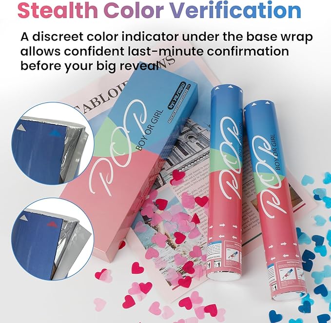 Gender Reveal Poppers Pink, Baby Girl Confetti Cannons 2 Pack with Heart Shaped Confetti for Baby Shower, Birthday, Gender Reveal Party Supplies - 12 inch