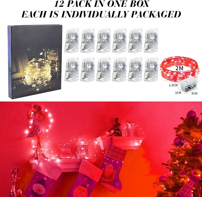 ZGWJ 12 Pack Fairy Lights Battery Operated, 7FT 20LED Mini Fairy String Lights Silver Wire 3 Modes for DIY, Parties, Wedding, Bedroom, Halloween Christmas Decoration- Red