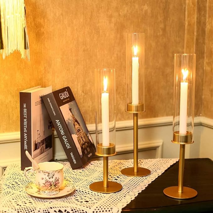 2set 6pc Gold Hurricane Glass Candle Holders,Taper Candle Holders Candlestick Holders Wedding Table Centerpiece Decoration Christmas Party