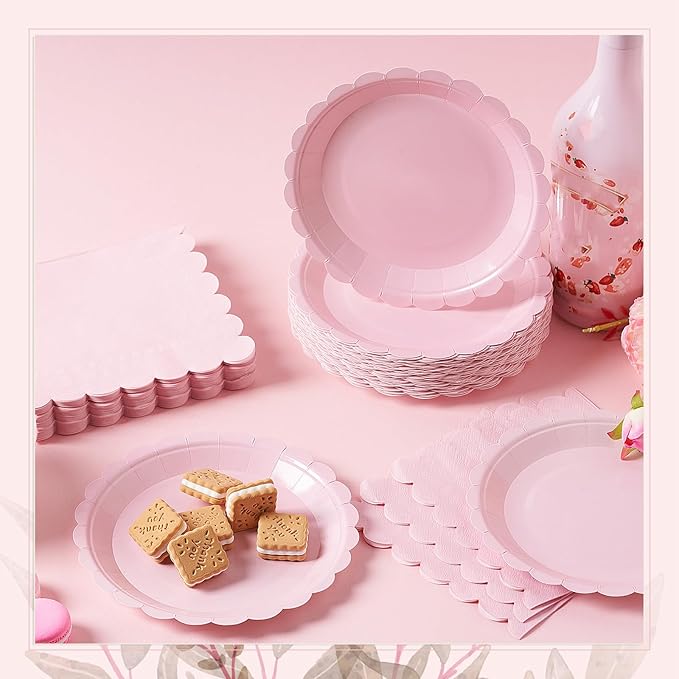 120 Pcs Pink Paper Plates and Napkins Party Supplies Bulk Disposable 7 Inch Scalloped Plates Cocktail Napkins for Wedding Bridal Baby Shower Birthday Decorations, Serve 60 Guests