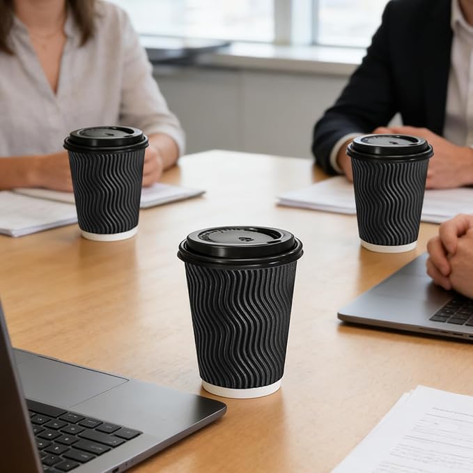 Lamosi 10 oz Disposable Coffee Cups with Lids, 50 Pack Insulated Hot Cups To Go Paper Coffee Cups with Lids and Straws, Corrugated Ripple Wall Cup for Hot Drink, Office, Coffee Bar (Black)