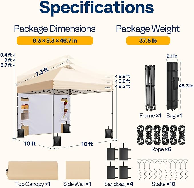 VIVOHOME 10x10ft Pop Up Canopy Tent with Sidewall and 6 Pockets, One Push Setup Outdoor Portable Shelter Tent Heavy Duty with Wheel Carry Bag and 4 Sandbags, Beige