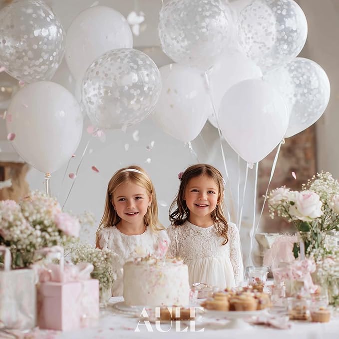 AULE Party Balloons Pack of 42-12in White Confetti Balloons & White Latex Balloons and 64ft Ribbons - 12 Inches Balloons Decorations Set