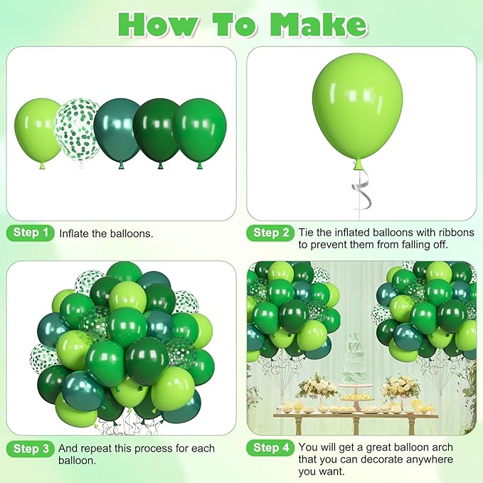 Ouddy Life 71pcs Green Balloons Set, 12 inch Dark Lime Light Emerald Metallic Green Latex Balloons Confetti Balloon, Jungle Safari Theme Baby Shower Birthday Wedding Graduation St Patricks Party Decor