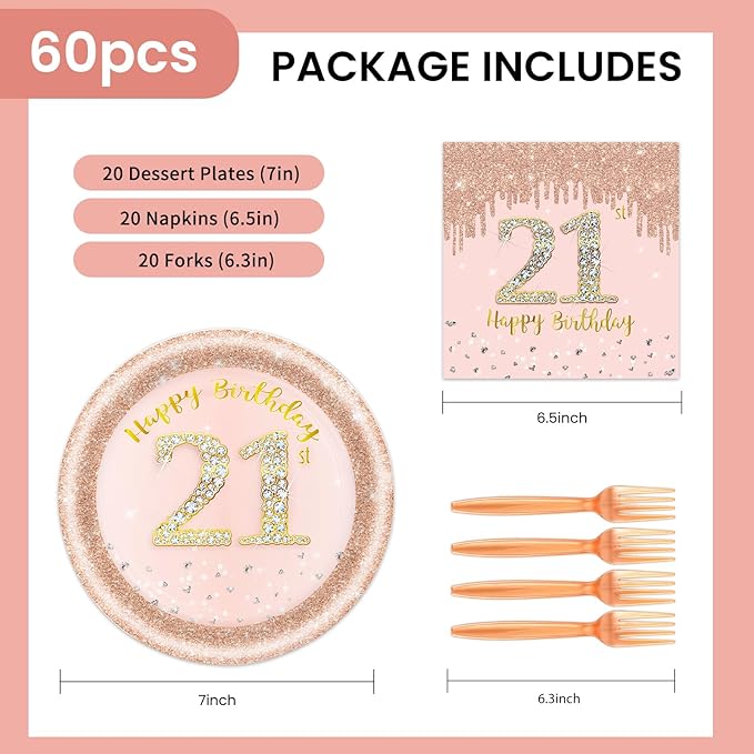 60 PCS 21st Birthday Decorations for Women, 21st Birthday Plates and Napkins Rose Gold Disposable Tableware Set Party Supplies for Women Girl Cheers to 21 Years Anniversary (21ST)