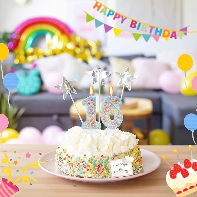 Blue Birthday Candles - Number 16 Candle, Colorful Macaron Candles, 16 Birthday Decorations for Girls Boys, Cake Decorations, Theme Party Supplies (Blue)